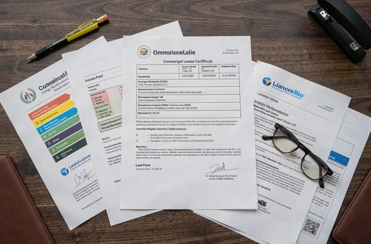 Diagnostics immobiliers obligatoires et contrat de bail commercial vus de dessus sur un bureau professionnel