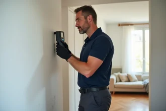 Diagnostiqueur immobilier professionnel effectuant un contrôle d'humidité dans un appartement avant vente