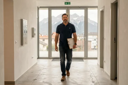Diagnostiqueur immobilier professionnel inspectant un immeuble résidentiel en Isère avec les montagnes en arrière-plan