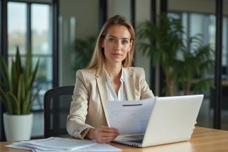 Femme agent immobilier vérifiant des documents obligatoires pour une location dans une agence moderne