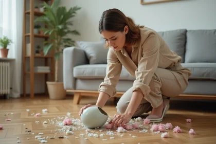 Femme examinant un vase cassé sur un parquet dans un appartement moderne, illustrant un dommage accidentel couvert par l'assurance habitation