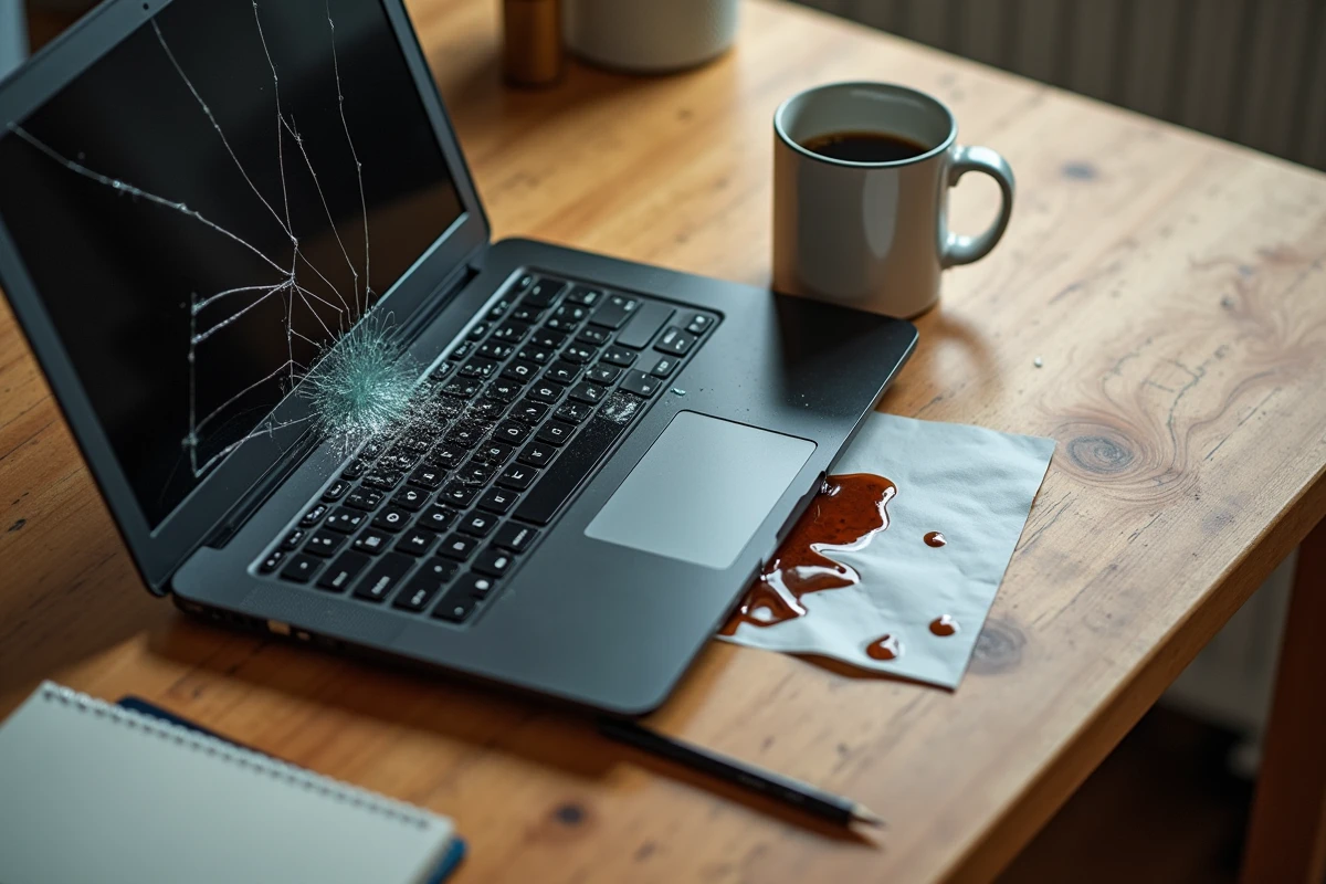 Vue de dessus d'un bureau avec un ordinateur portable à écran fissuré et du café renversé sur des papiers, illustrant les dommages accidentels aux équipements couverts par l'assurance habitation