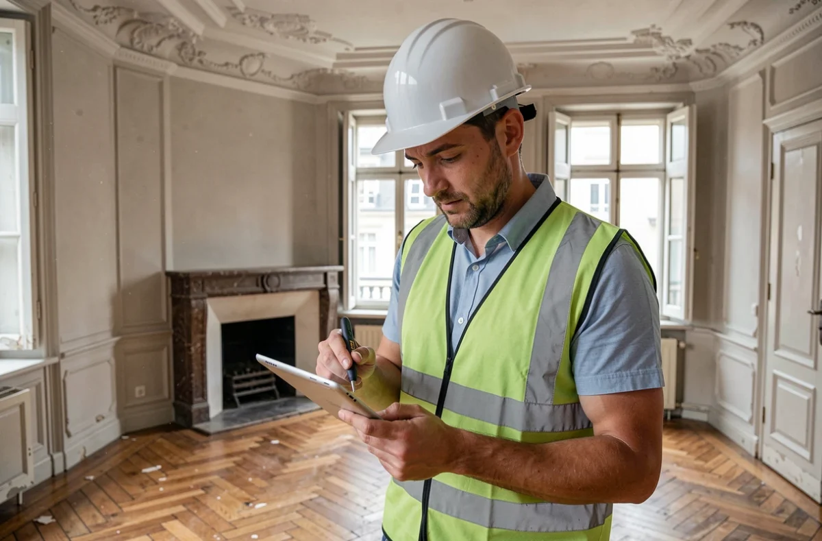Expert EDL Diagnostic Grenoble inspectant un appartement haussmannien avec parquet et moulures d'époque