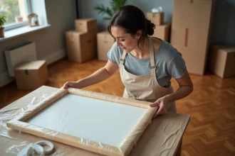 Femme emballant un tableau dans du papier bulle avant un déménagement dans un appartement