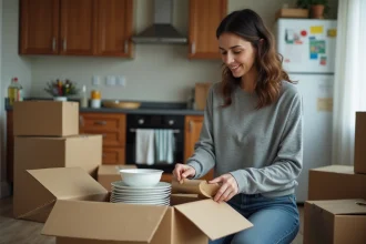 Femme emballant sa vaisselle dans du papier bulle pour préparer son déménagement dans une cuisine partiellement vidée