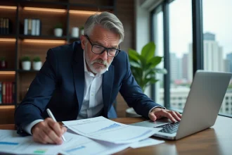 Homme d'affaires analysant des documents financiers pour calculer le montant d'un emprunt SCI