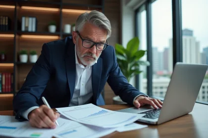 Homme d'affaires analysant des documents financiers pour calculer le montant d'un emprunt SCI