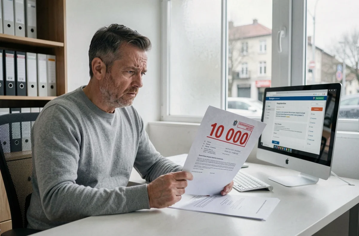Propriétaire tenant un document d'enregistrement national obligatoire avec une amende de 10 000 euros visible, assis devant un portail gouvernemental sur ordinateur