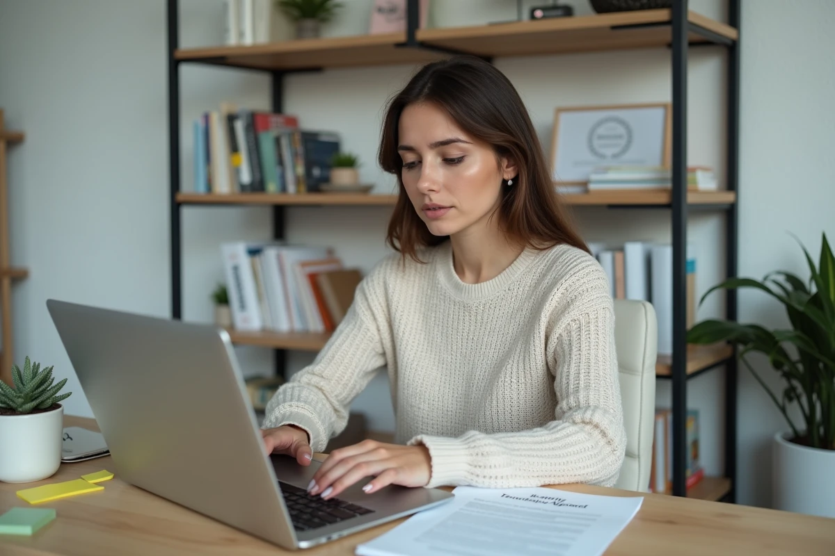 Femme envoyant un email de préavis à son propriétaire depuis son bureau à domicile avec des documents de location