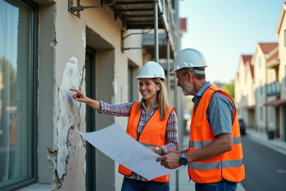 Deux artisans spécialisés en ravalement étudiant les plans de rénovation d'une façade d'immeuble dégradée, portant des équipements de sécurité sur échafaudage