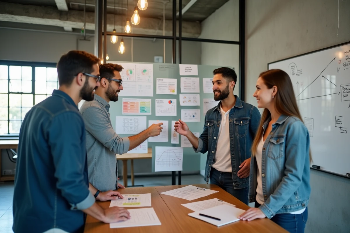 Équipe de professionnels discutant de la stratégie de croissance d'une plateforme comme Airbnb dans un espace de coworking