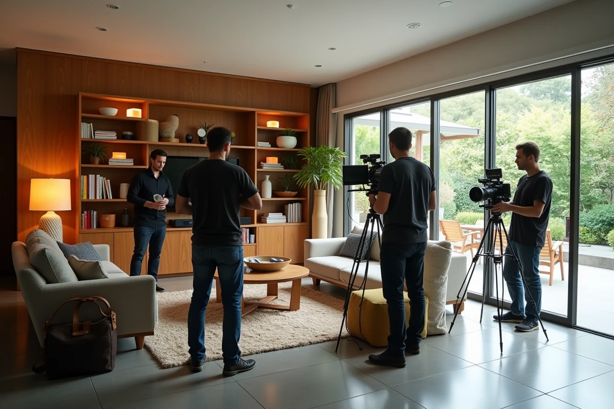 Équipe de tournage professionnelle installée dans un salon moderne loué pour une production vidéo