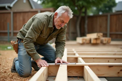 Charpentier mesurant l'espacement entre deux lambourdes sur une terrasse en bois en construction