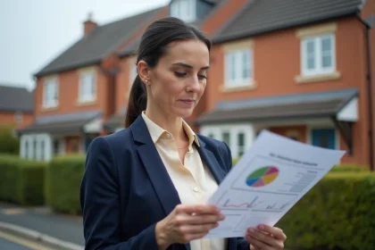 Femme analyste immobilière examinant un rapport d'estimation de valeur devant une maison résidentielle