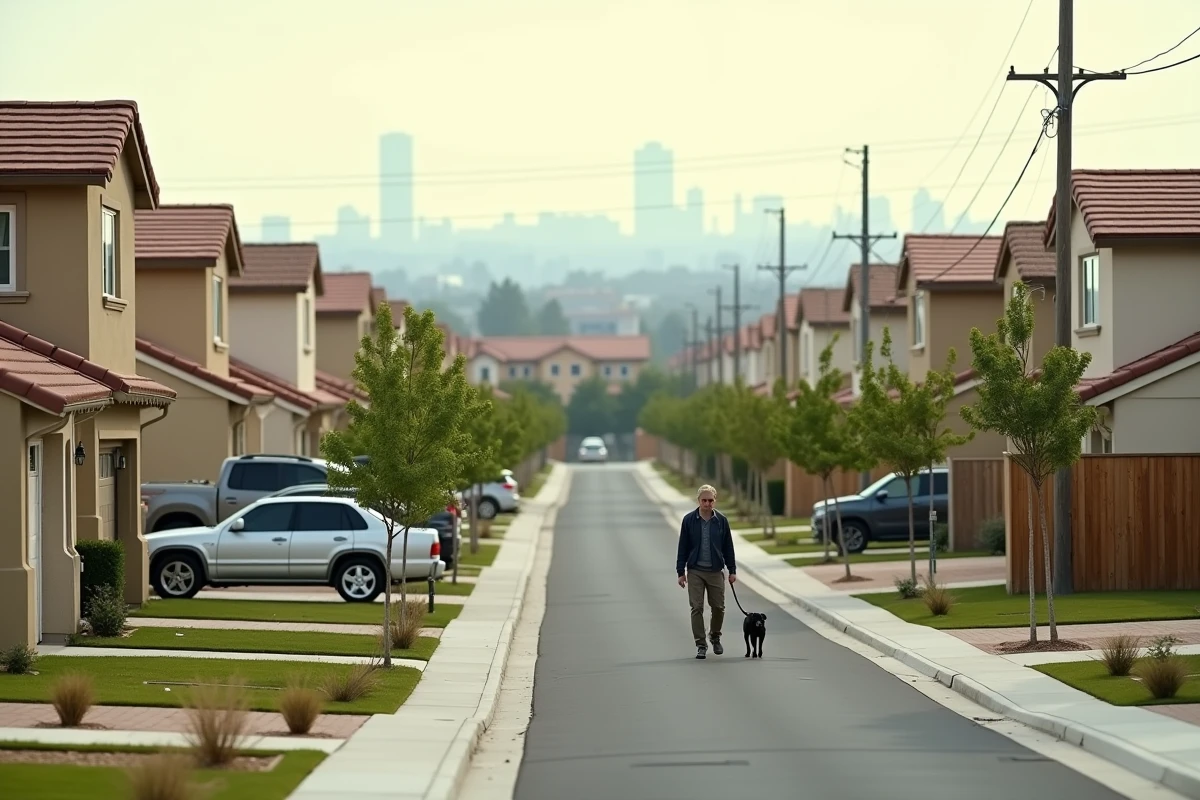 Quartier résidentiel pavillonnaire en périphérie urbaine avec maisons individuelles symbolisant l'étalement urbain et la suburbanisation