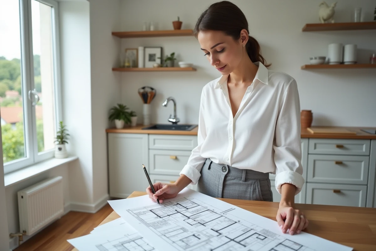 Femme étudiant des plans de construction et réglementations d'urbanisme pour déterminer la surface autorisée sans déclaration