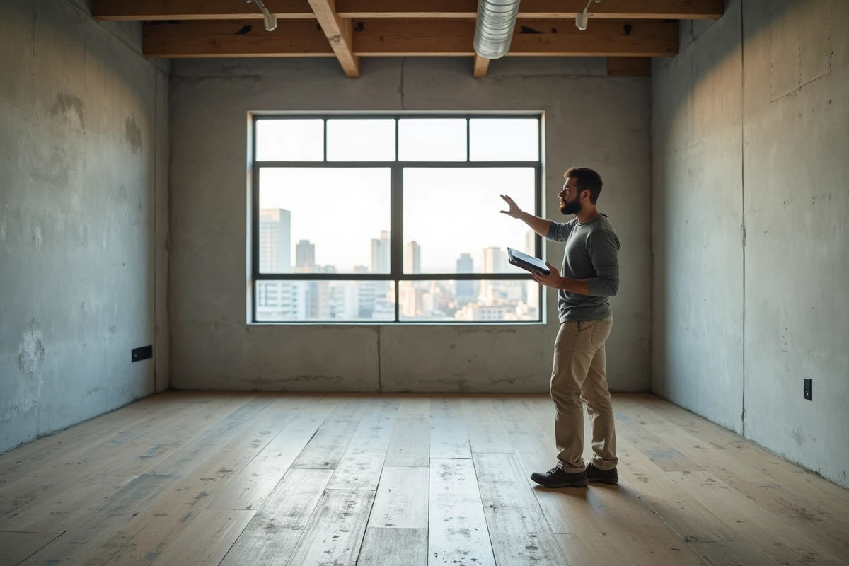 Propriétaire masculin évaluant le potentiel locatif d'un appartement vide en vue de sa mise en location rentable