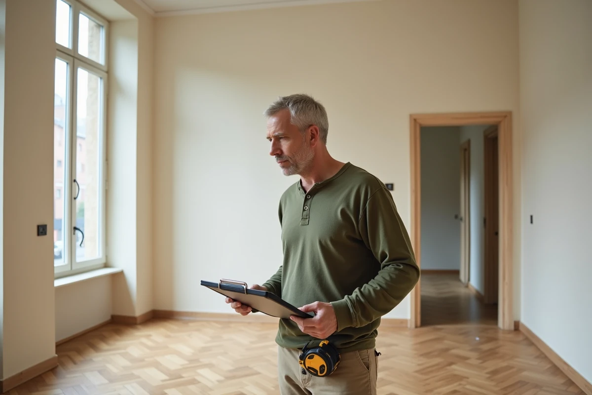 Homme évaluant l'espace d'un appartement T3 vide avant l'achat de meubles avec un presse-papiers