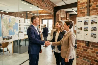 Consultant immobilier professionnel accueillant des clients dans une agence moderne du Nord de la France