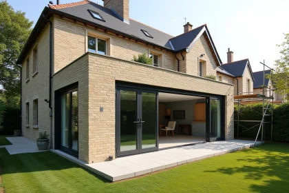 Extension de maison de 30m2 avec baies vitrées coulissantes et bardage moderne accolée à une maison traditionnelle en brique