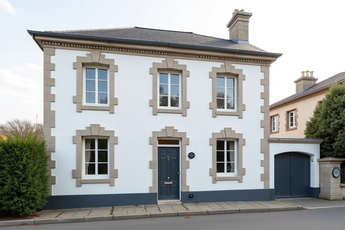 Façade de maison rénovée avec enduit blanc lisse, soubassement gris et moulures décoratives