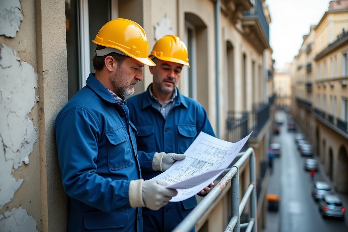 Deux façadiers consultant un plan technique sur un échafaudage face à une facade ancienne dégradée
