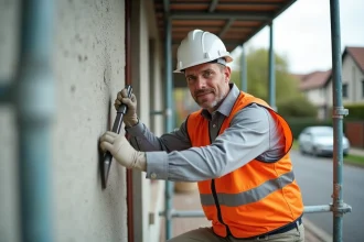 Façadier professionnel appliquant un enduit de façade sur un mur extérieur depuis un échafaudage