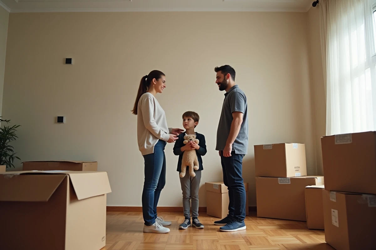Famille en train de déménager entourée de cartons dans un salon en cours de vidage