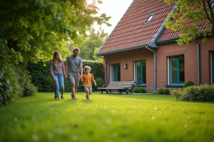 Famille avec enfants profitant du jardin d'une maison à louer dans le Nord avec façade en briques rouges typiques du 59