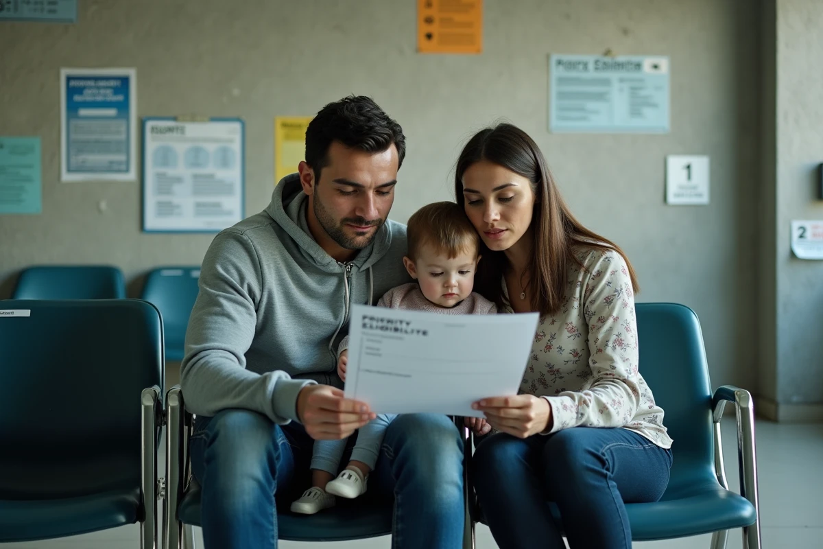 Jeune famille avec enfant en bas âge attendant dans une salle d'attente d'un office HLM pour une demande prioritaire de logement social