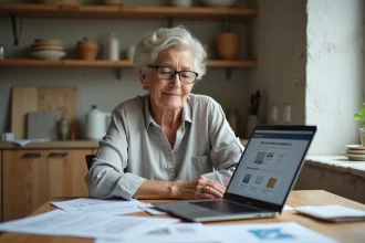 Femme consultant des documents sur les aides de l'État pour la rénovation de sa maison