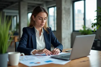 Femme analyste examinant des plateformes de crowdfunding immobilier sur ordinateur dans un bureau moderne