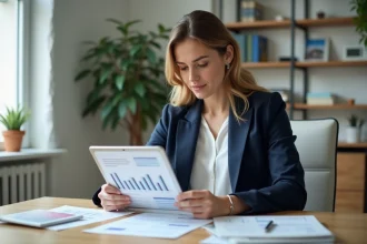 Femme analysant des documents de placement en SCPI sur un bureau moderne à domicile