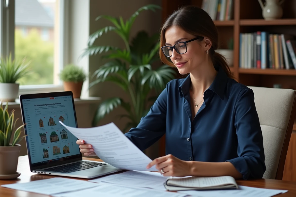 Femme travaillant depuis son bureau à domicile sur des simulations de prêt et des annonces immobilières pour planifier son achat
