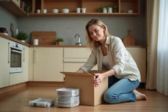 Femme faisant ses cartons de déménagement dans sa cuisine en commençant par la vaisselle