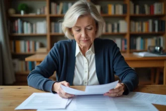 Femme comparant deux formulaires de déclaration fiscale sur une table en bois avec des documents papier