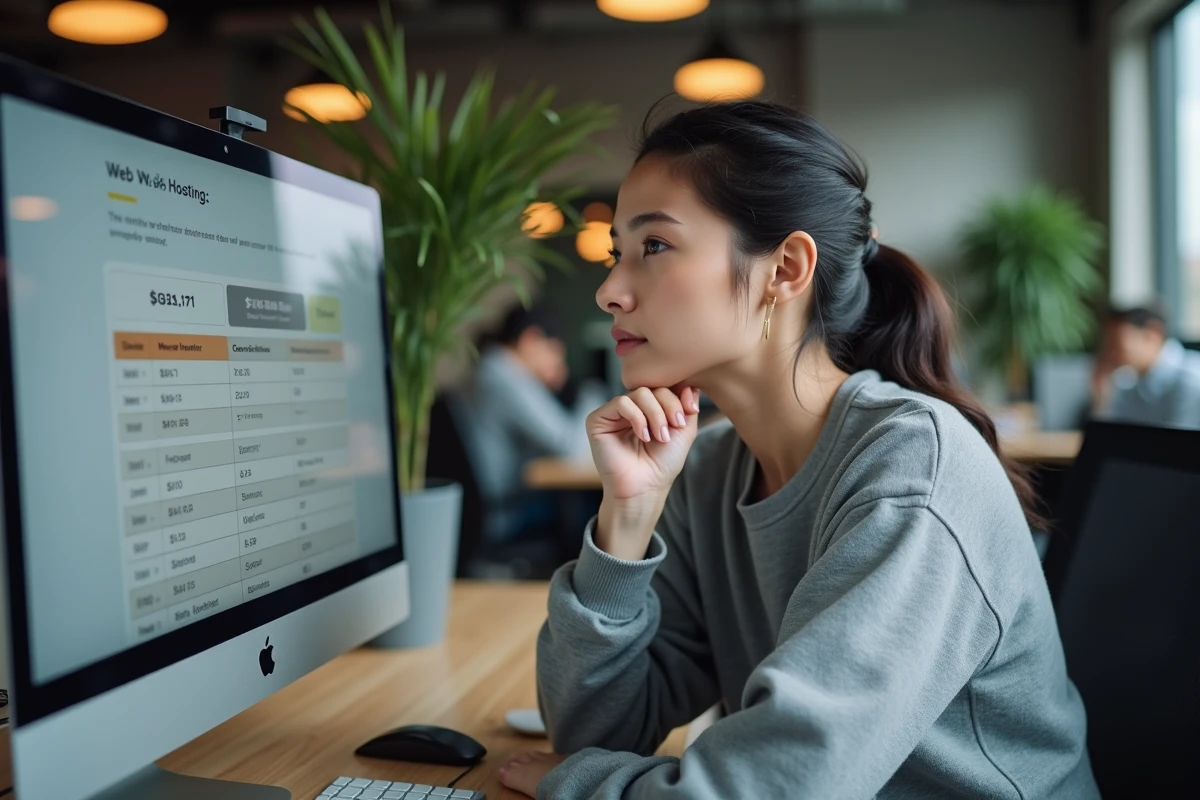 Jeune femme comparant des offres d'hébergement web sur un écran dans un espace de coworking