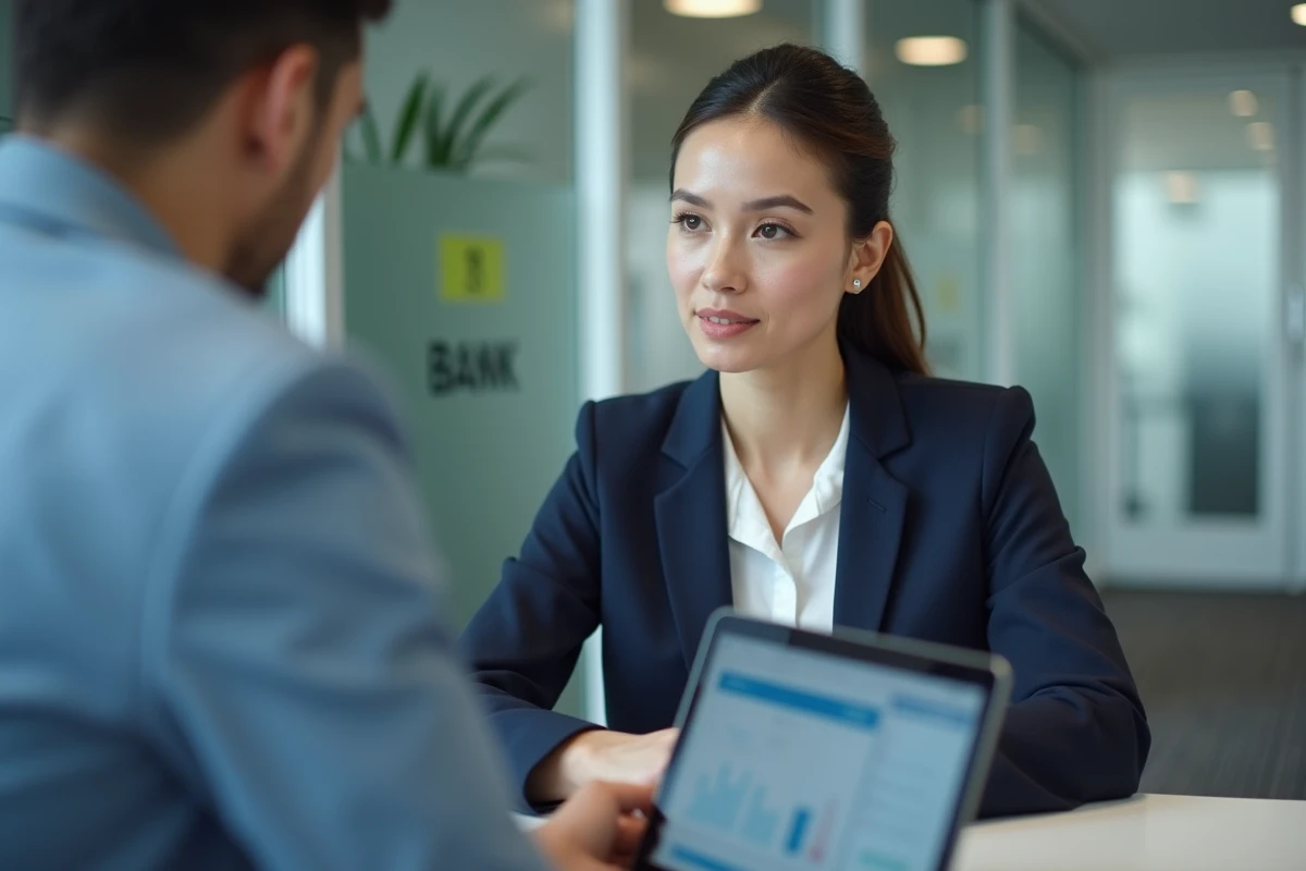Jeune femme consultant un conseiller bancaire pour une demande de prêt immobilier