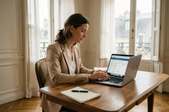 Femme consultant des annonces de location sur ordinateur dans un appartement parisien de style haussmannien