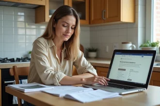 Femme consultant des documents d'aides au logement et des brochures d'assistance pour se meubler à moindre coût
