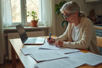 Femme consultant des documents fiscaux pour contester une taxe sur logement vacant dans son appartement