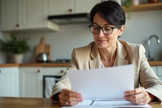 Femme consultant un contrat d'assurance incendie à la table de sa cuisine