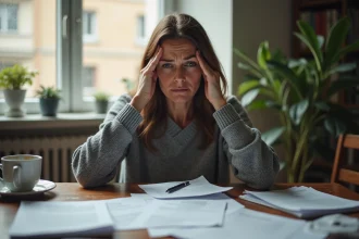 Femme inquiète consultant des documents d'assurance et de loyer à son domicile après un sinistre