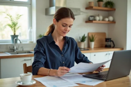 Femme consultant des documents administratifs liés à une mutation familiale à la table de sa cuisine