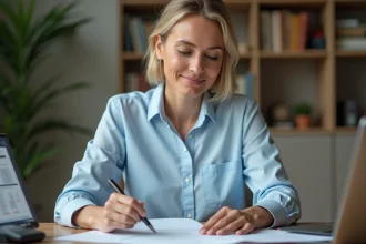 Femme examinant des documents de prêt immobilier à son bureau à domicile
