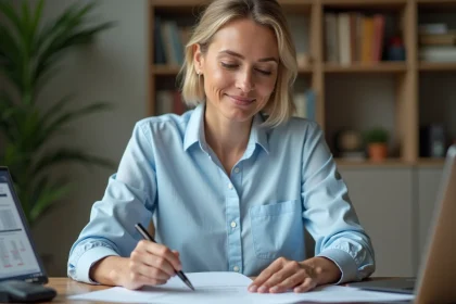 Femme examinant des documents de prêt immobilier à son bureau à domicile