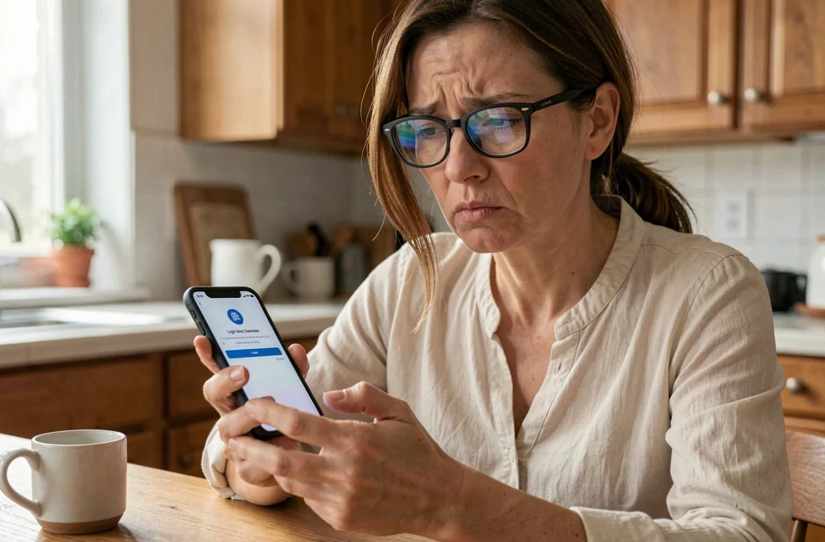 Femme perplexe consultant une application de services municipaux sur smartphone avec un message d'erreur affiché