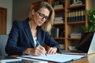 Femme examinant un contrat de bail invalide à son bureau avec des annotations au stylo