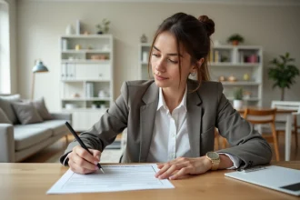 Femme lisant attentivement un contrat de bail de location à son bureau dans un appartement moderne