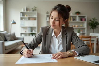 Femme lisant attentivement un contrat de bail de location à son bureau dans un appartement moderne